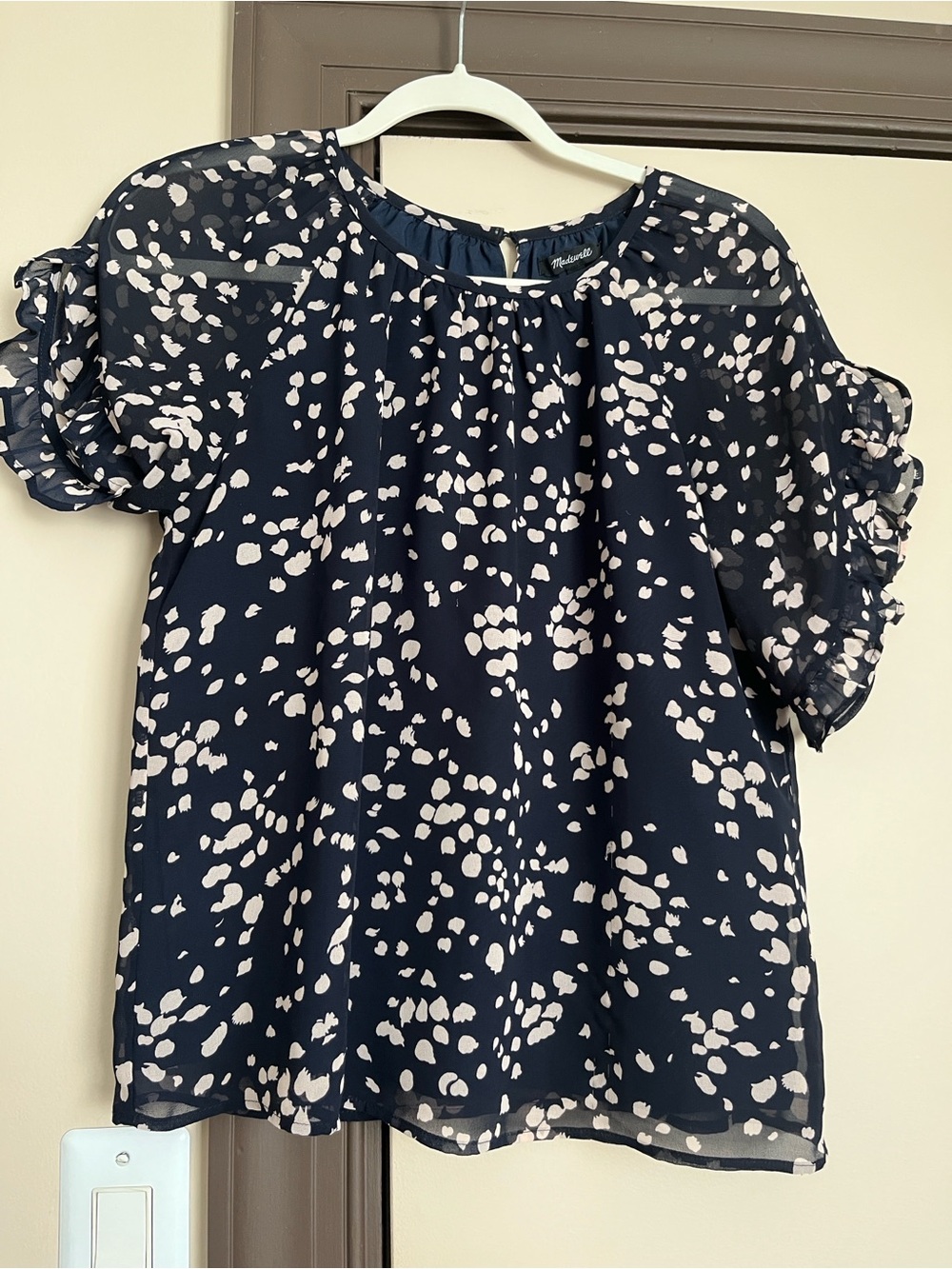 Madewell Navy Blouse with White Spot Print and Puff Sleeves